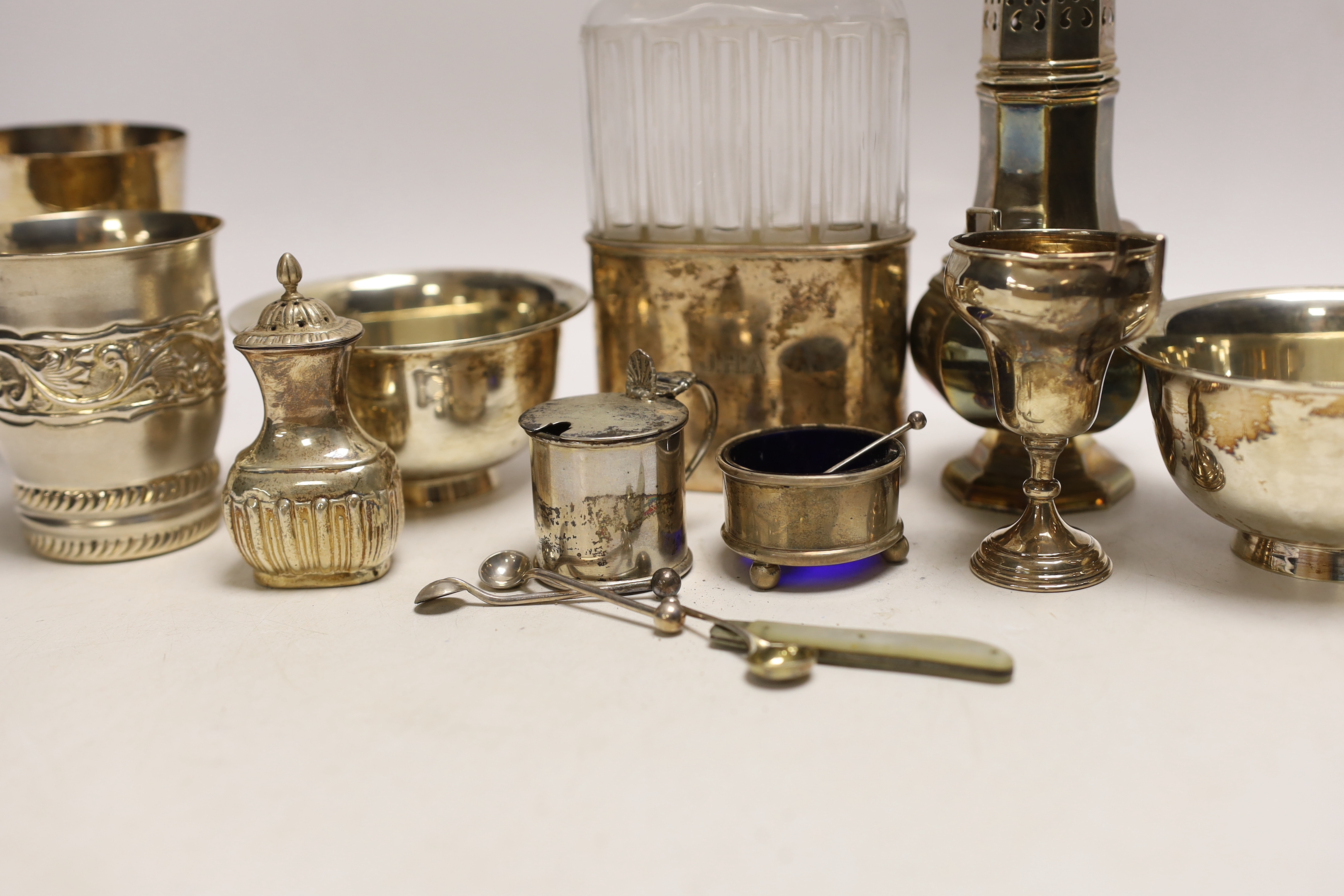 Sundry small silver including a George V sugar caster, small trophy cup, two small spoons, a fruit knife and three condiments, together with a pair of Chinese Wai Kee sterling bowls, two white metal vases and a French wh